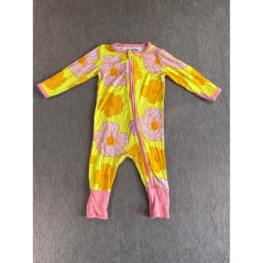 Paradise Now Hawaii Bamboo Floral Sleeper Yellow Pink Hibiscus Zip Romper 6-12M